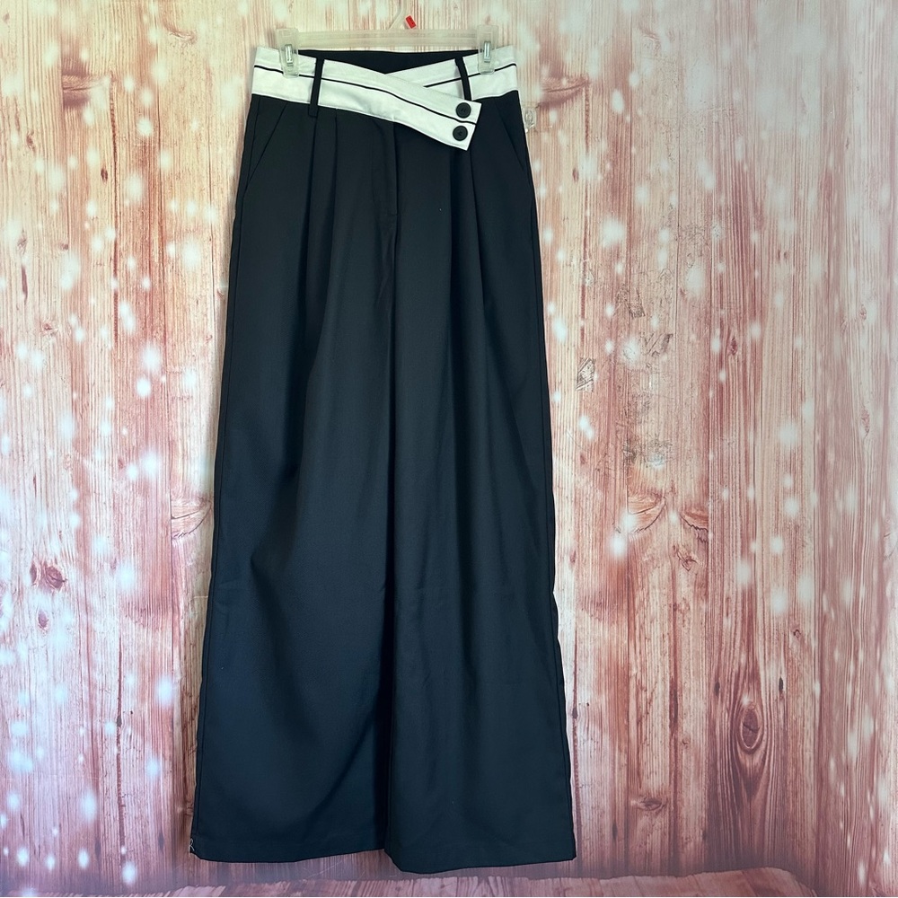 Commense Black Asymmetrical White Contrast Waistband Wide Leg Dress Pants - Picture 2 of 11